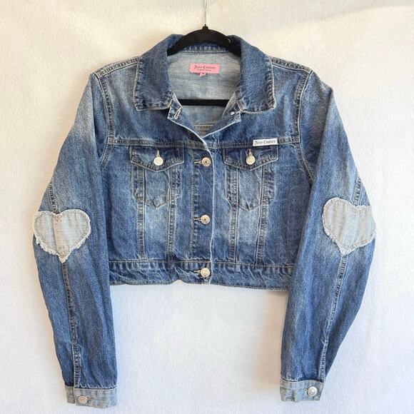 Juicy Couture Cropped Denim Jacket with Heart Patch Elbows Women’s Size M - Picture 1 of 6